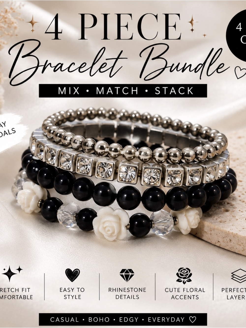 4-Piece Black & Silver Bracelet Bundle - Floral Accent Stack
